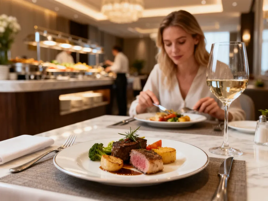Elegancko nakryty stół w hotelowej restauracji z wykwintnym daniem i winem, ilustrujący ofertę wyżywienia typu half board.