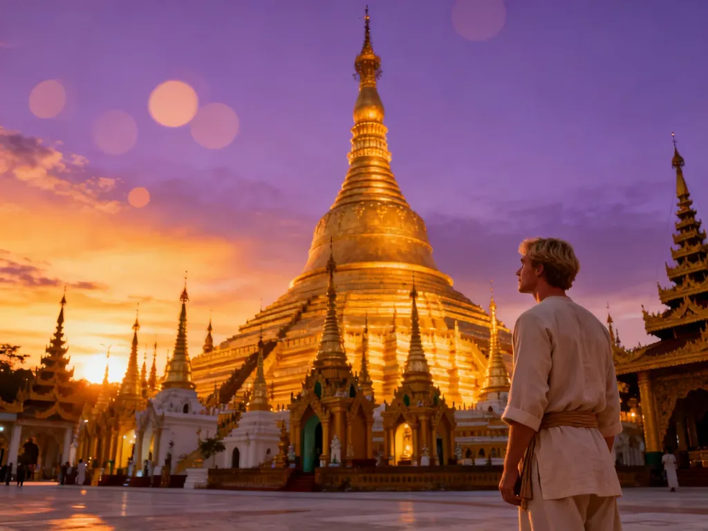 Złota pagoda Shwedagon w promieniach zachodzącego słońca oraz turysta podziwiający architekturę świątyni w Mjanmie.