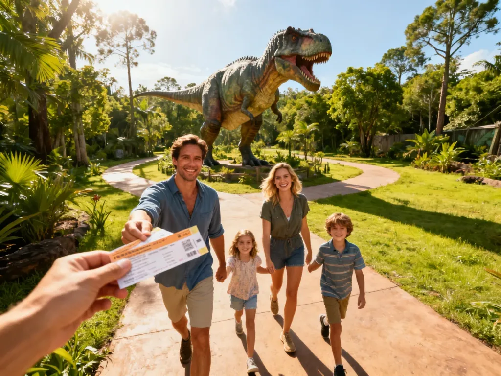 Szczęśliwa rodzina z biletami spaceruje po słonecznym Parku Jurajskim w Bałtowie w otoczeniu figur dinozaurów.