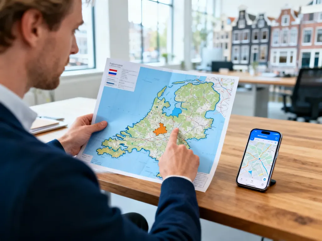 Mężczyzna w nowoczesnym biurze wskazuje region na mapie Holandii, obok leży smartfon z aplikacją mapową.