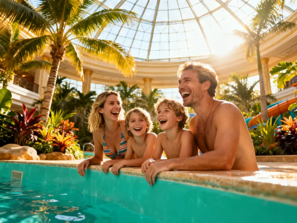 Szczęśliwa czteroosobowa rodzina wypoczywająca w basenie w tropikalnym parku wodnym Tropical Islands.
